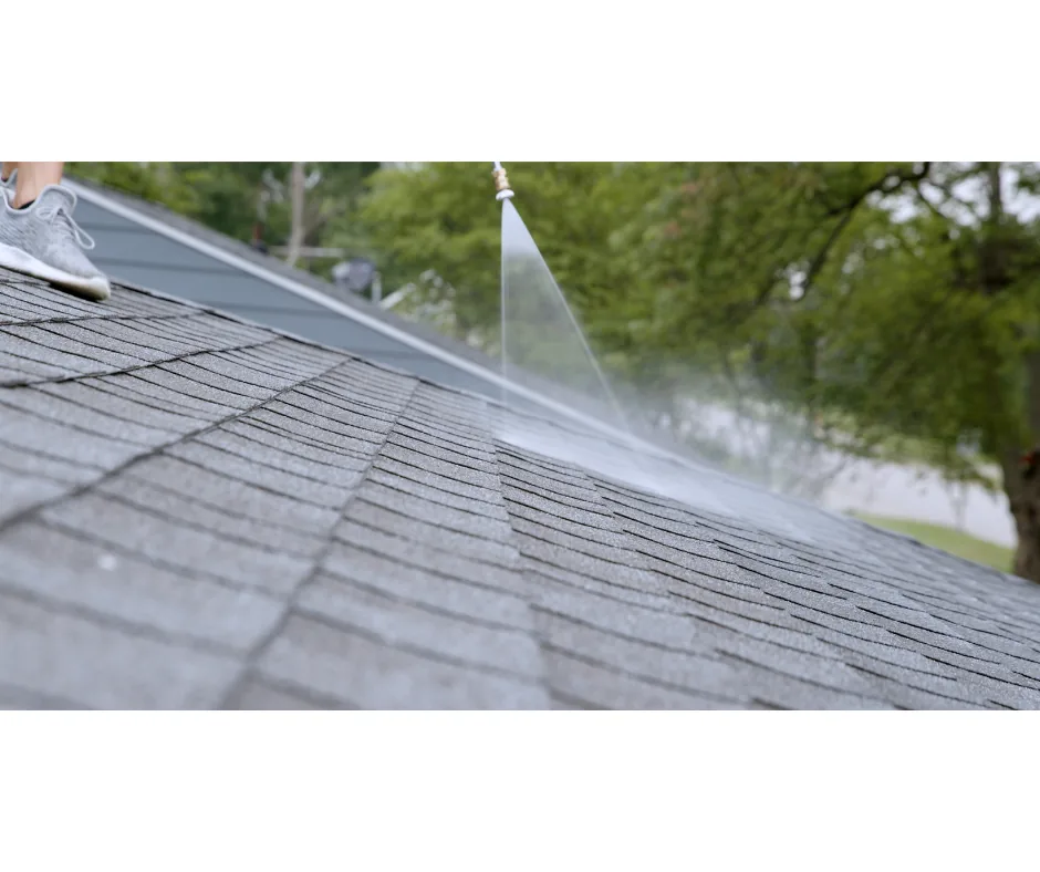 ShingleLock being sprayed across asphalt shingles, showing the treated and untreated halves of the same roof slope